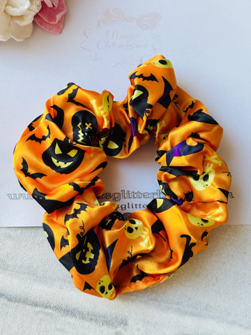 Orange Pumpkins, Skulls, Bats & Witches Hat Scrunchie