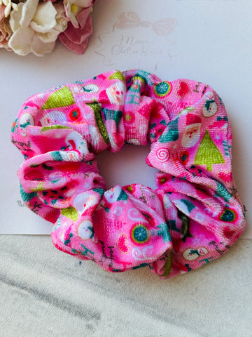 Pink Santa, Snowman, Reindeer & Christmas Trees Velvet Scrunchie