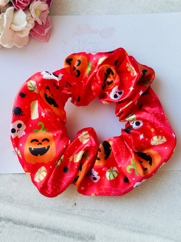 Red Pumpkins, Skulls & Spiders Scrunchie