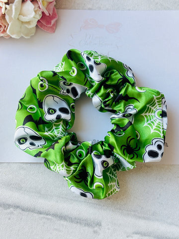 Green Skulls, Bats & Spiders Scrunchie
