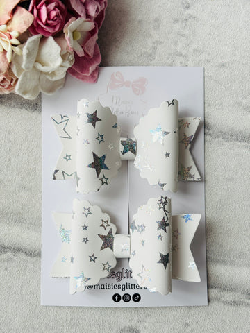 Small White & Silver Holographic Stars Bows