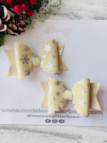 Small Butter Yellow & Silver Holographic Snowflake Bows
