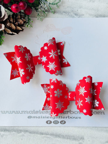 Small Red & Silver Holographic Snowflake Bows
