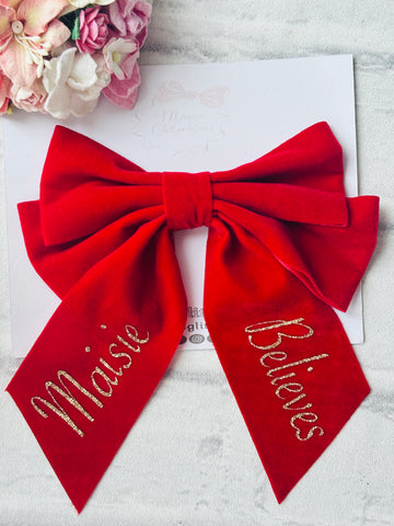 Personalised Believe Red Velvet Bow