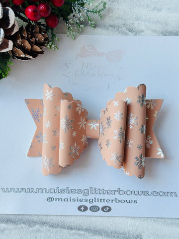Peach & Silver Holographic Snowflake Bow